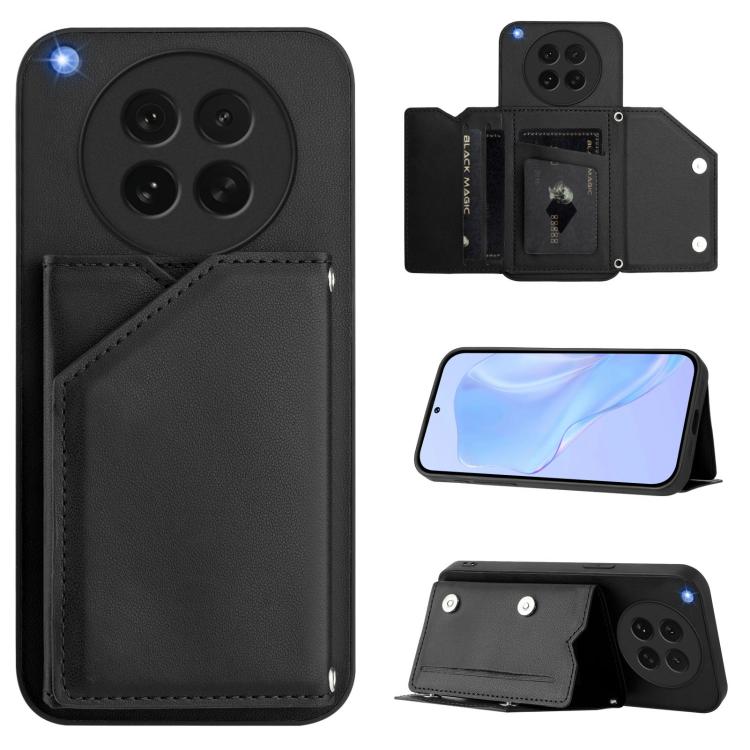 Leather-style phone case with four card slots and wrist strap, black