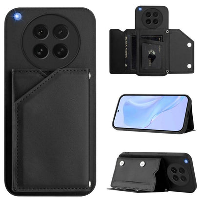 Leather-style phone case with four card slots and wrist strap, black