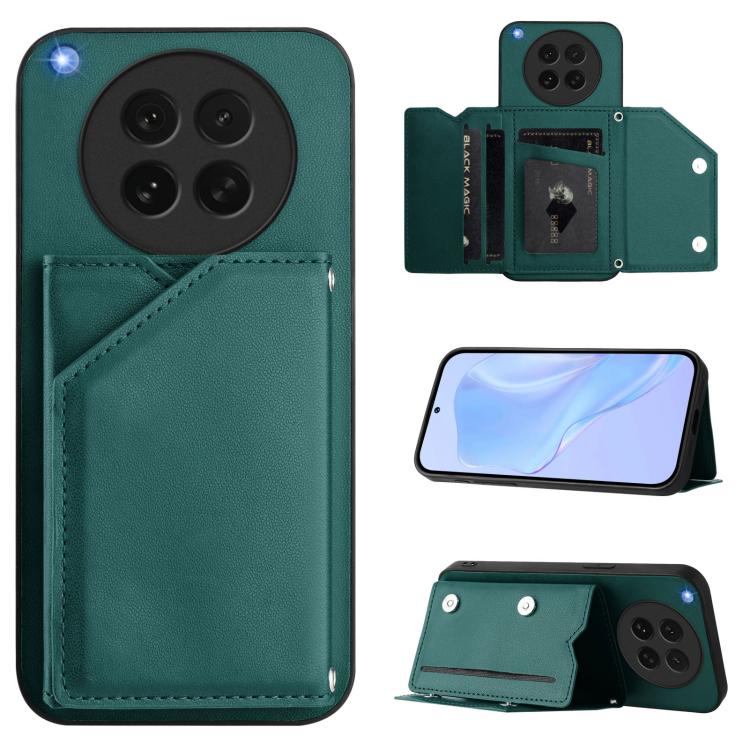 Green leather-style phone case with wrist strap and four card slots, folio wallet