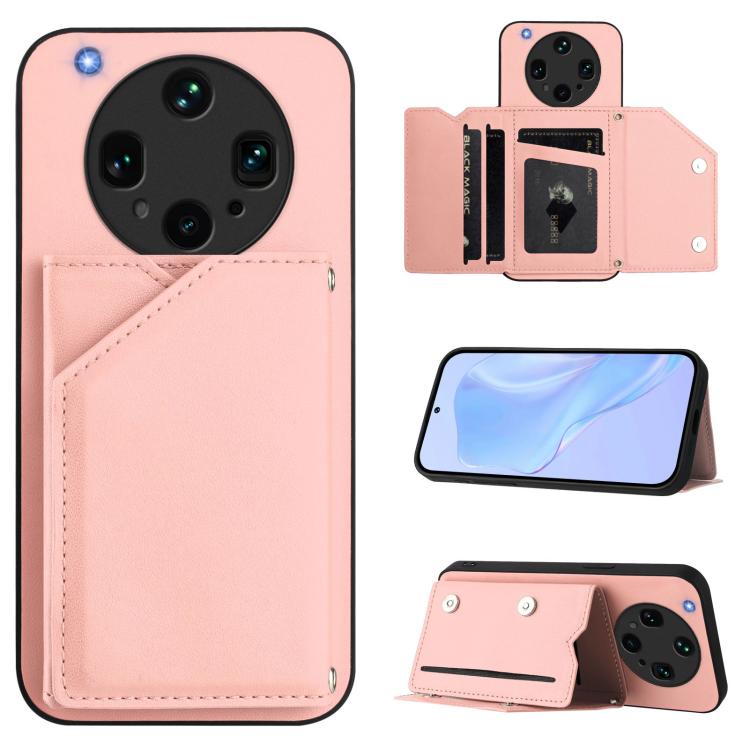 Pink leather-style phone case with wrist strap and four card slots, folio wallet