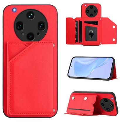 Red leather-style phone case with wrist strap and four card slots, folio wallet