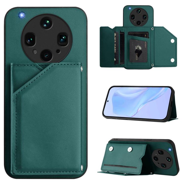 Green leather-style phone case with wrist strap and four card slots, folio wallet
