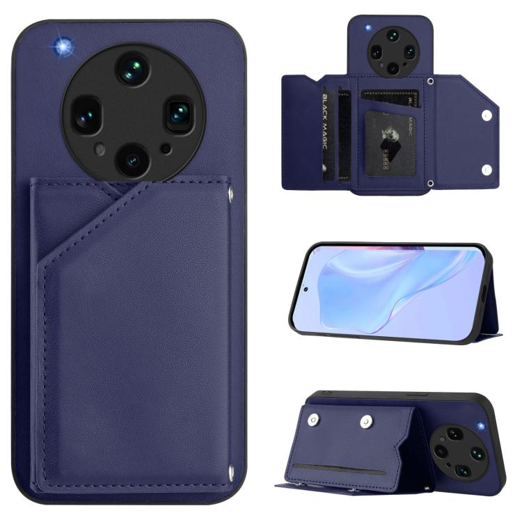 Purple leather-style phone case with wrist strap and four card slots, folio wallet