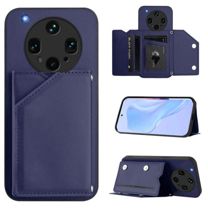 Purple leather-style phone case with wrist strap and four card slots, folio wallet