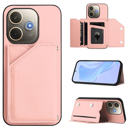Skin Feel phone case with four card slots and wrist strap, pink leather-style cover