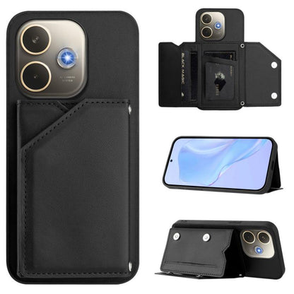 Skin Feel phone case with four card slots and wrist strap, black leather-style cover