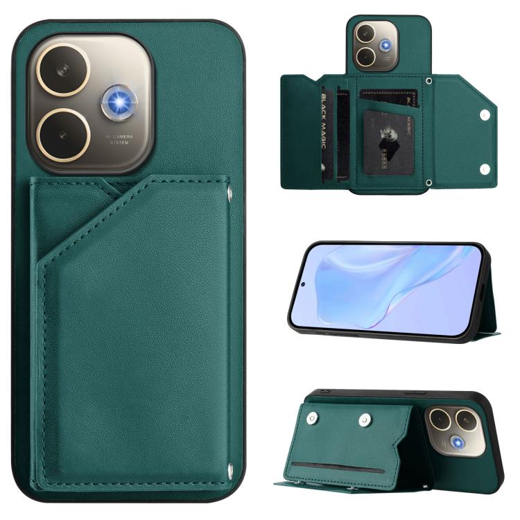 Skin Feel phone case with four card slots and wrist strap, green leather-style cover
