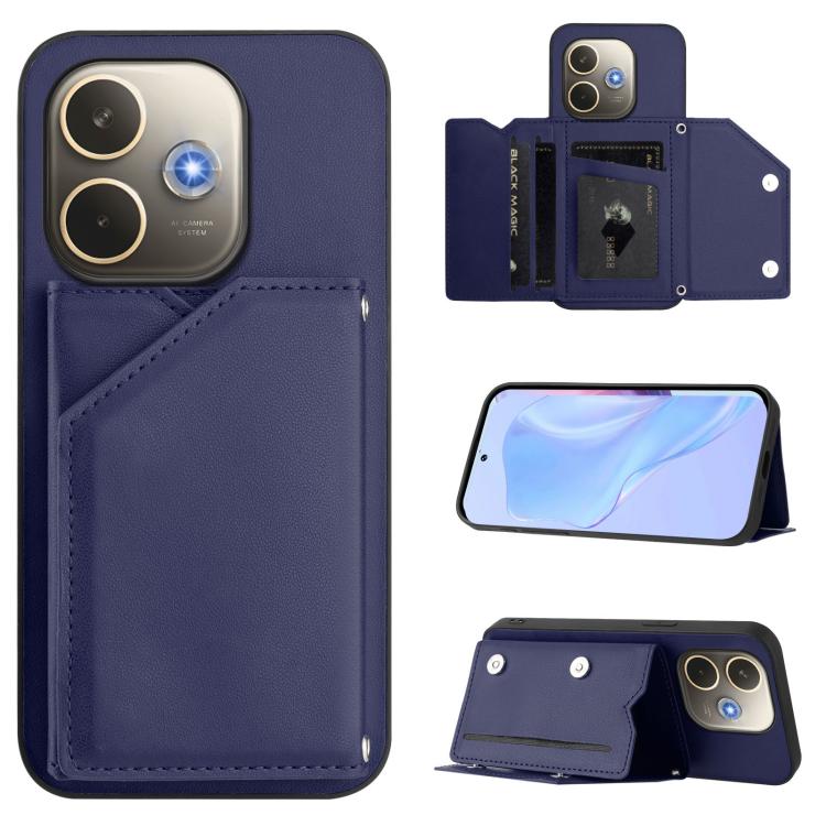 Skin Feel phone case with four card slots and wrist strap, dark blue leather-style cover