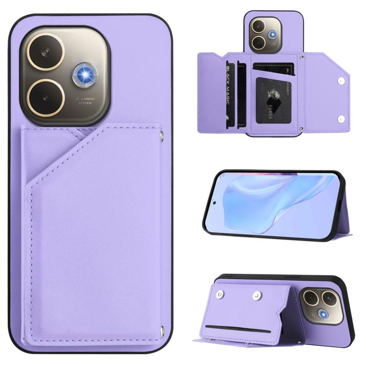 Skin Feel phone case with four card slots and wrist strap, light purple leather-style cover