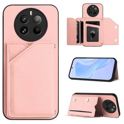 Phone case with four card slots and wrist strap, pink leather-style finish