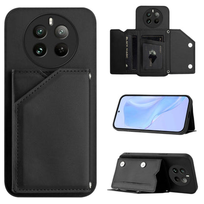 Phone case with four card slots and wrist strap, black leather-style finish
