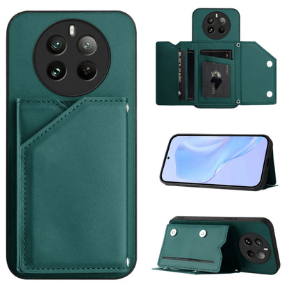 Phone case with four card slots and wrist strap, green leather-style finish