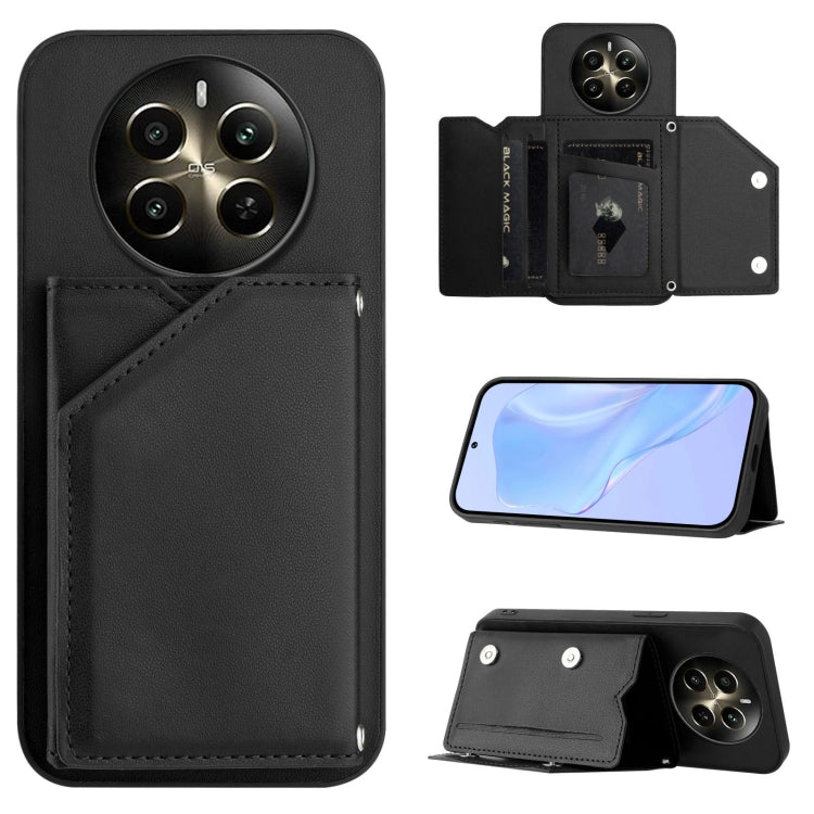 Black phone case with 4 card slots and wrist strap, folio wallet style