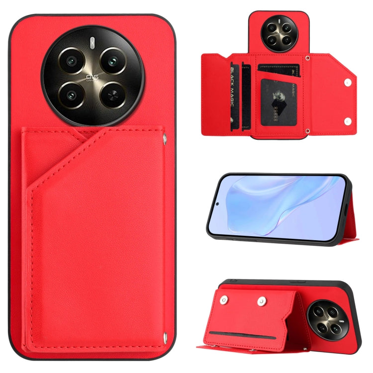 Red phone case with 4 card slots and wrist strap, folio wallet style