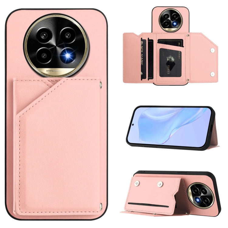 Pink phone case with four card slots and wrist strap, wallet-style flip cover