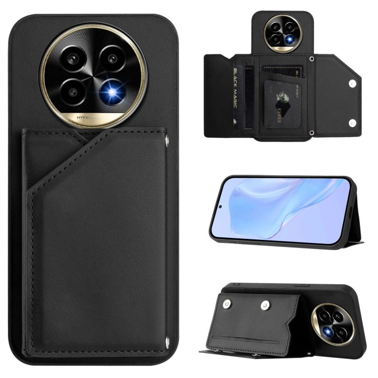 Black phone case with four card slots and wrist strap, wallet-style flip cover