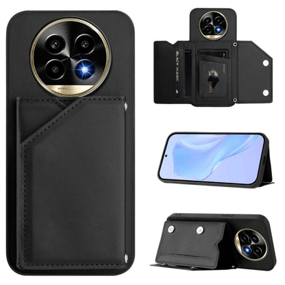 Black phone case with four card slots and wrist strap, wallet-style flip cover