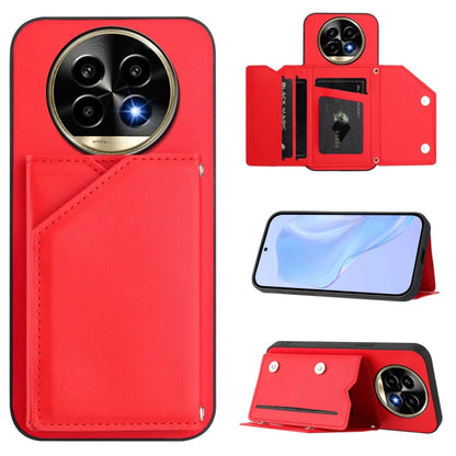 Red wallet phone case with wrist strap and four card slots, shown with phone stand