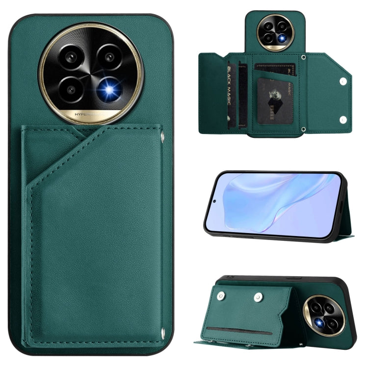 Green wallet phone case with wrist strap and four card slots, shown with phone stand