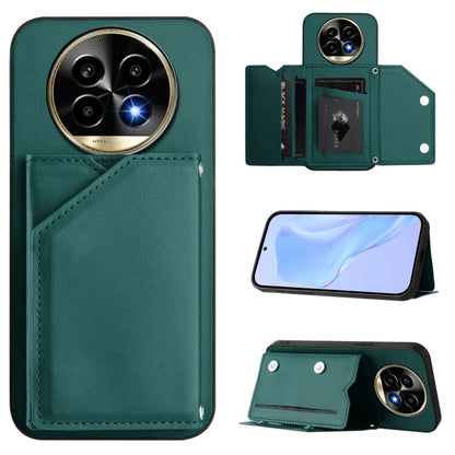 Green wallet phone case with wrist strap and four card slots, shown with phone stand