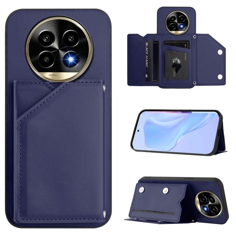 Navy wallet phone case with wrist strap and four card slots, shown with phone stand