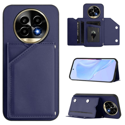 Navy wallet phone case with wrist strap and four card slots, shown with phone stand