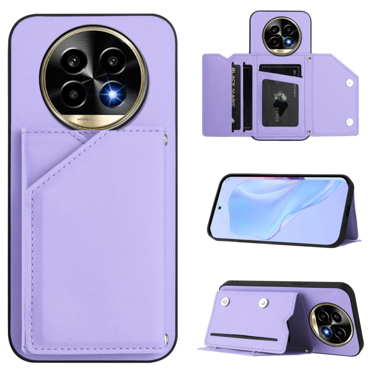 Lavender wallet phone case with wrist strap and four card slots, shown with phone stand