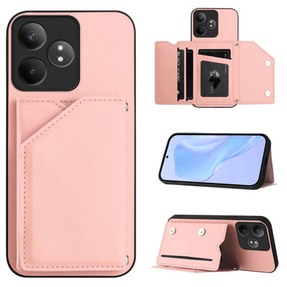Phone case with four card slots and wrist strap, pink leather-style finish