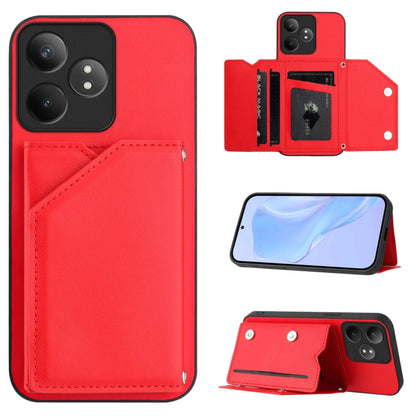 Phone case with four card slots and wrist strap, red leather-style finish