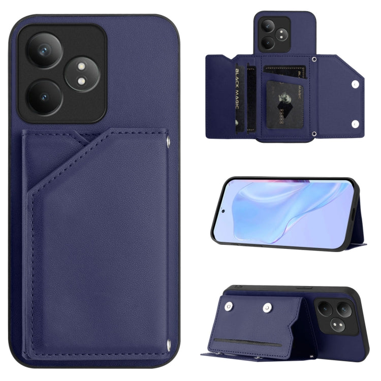 Phone case with four card slots and wrist strap, blue leather-style finish