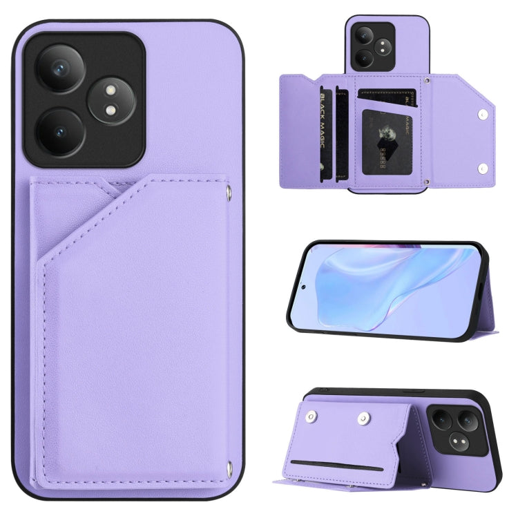 Phone case with four card slots and wrist strap, purple leather-style finish