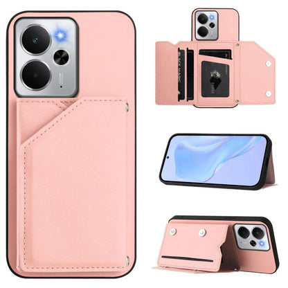 Pink phone case with wrist strap and four card slots, folio wallet style with kickstand