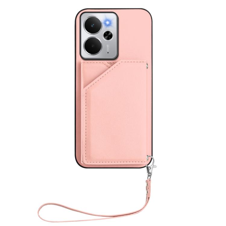 Pink folio phone case with wrist strap and four card slots, stitched leather-look design