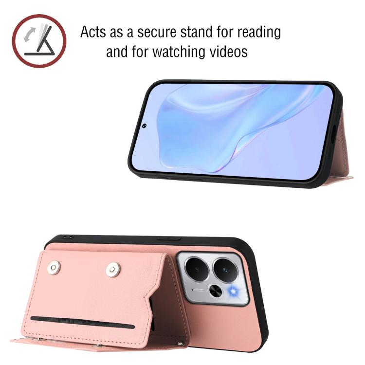 Pink phone case with four card slots and folio stand, featuring camera opening and strap buttons