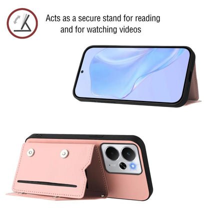 Pink phone case with four card slots and folio stand, featuring camera opening and strap buttons