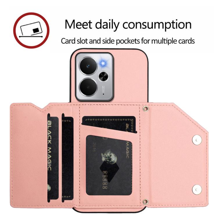 Pink phone case wallet with four card slots and side pockets, card holder layout visible