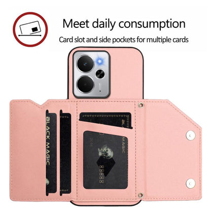 Pink phone case wallet with four card slots and side pockets, card holder layout visible
