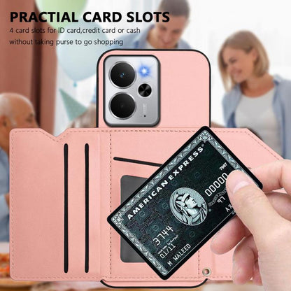 Pink folio phone case with four card slots and side pockets, card compartments shown