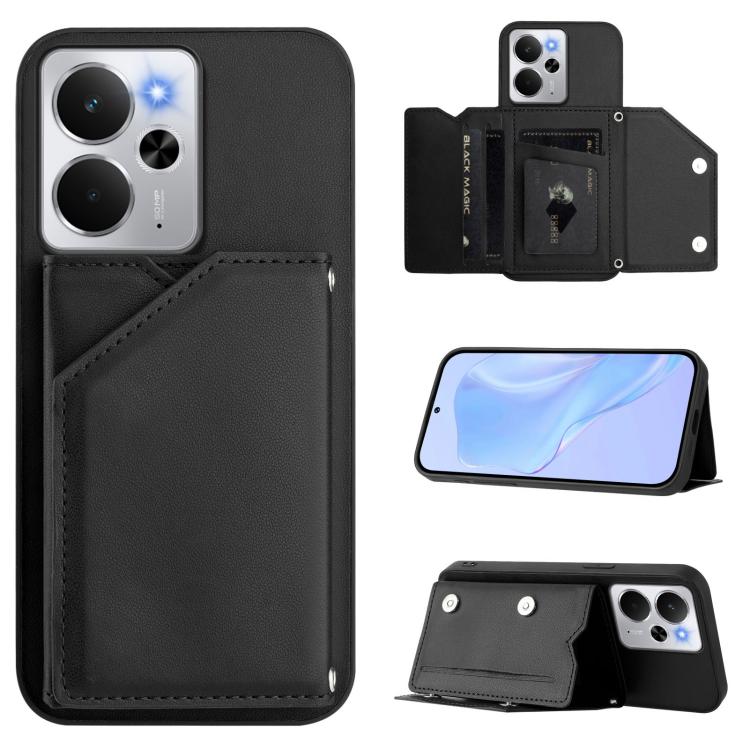 Black phone case with four card slots, folio wallet design and wrist-strap style attachment