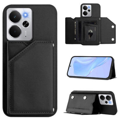 Black phone case with four card slots, folio wallet design and wrist-strap style attachment