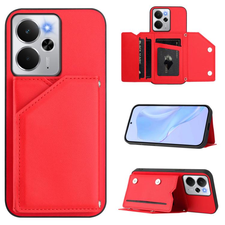 Red phone case with four card slots, folio wallet style with wrist strap and stand