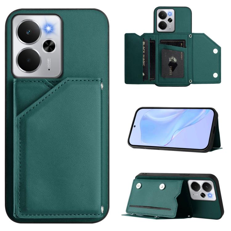 Green folio phone case with four card slots, wrist-strap attachment and camera cutouts