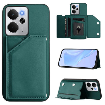 Green folio phone case with four card slots, wrist-strap attachment and camera cutouts