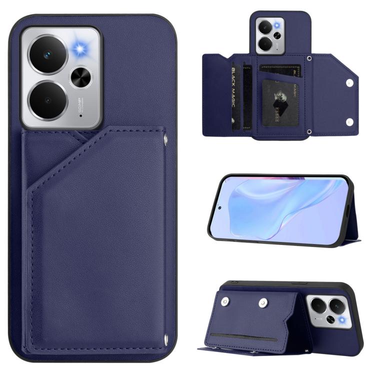 Blue leather-style phone case with four card slots and wrist strap, wallet flip cover