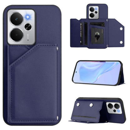 Blue leather-style phone case with four card slots and wrist strap, wallet flip cover