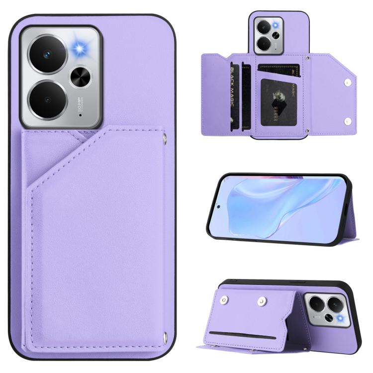 Purple leather-style phone case with four card slots and wrist strap, wallet flip cover