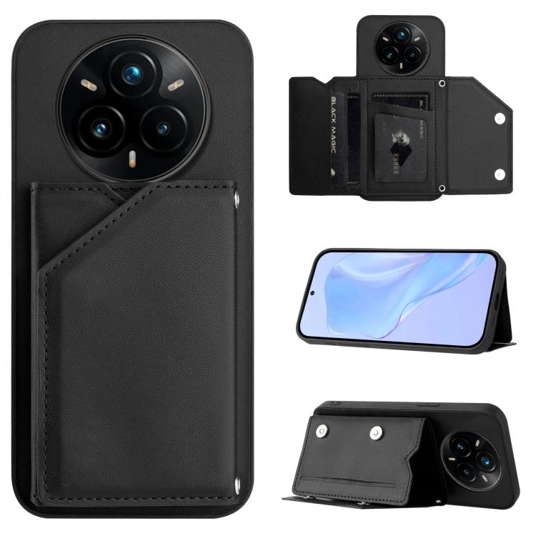 Black leather-style phone case with four card slots and wrist strap, wallet flip cover