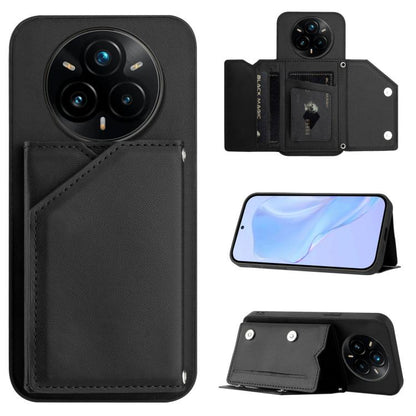 Black leather-style phone case with four card slots and wrist strap, wallet flip cover