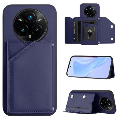 Navy blue leather-style phone case with four card slots and wrist strap, wallet flip cover