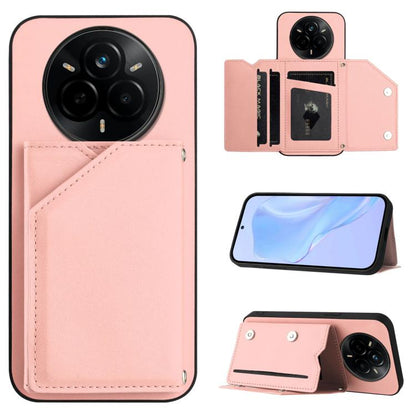 Peach pink leather-style phone case with four card slots and wrist strap, wallet flip cover